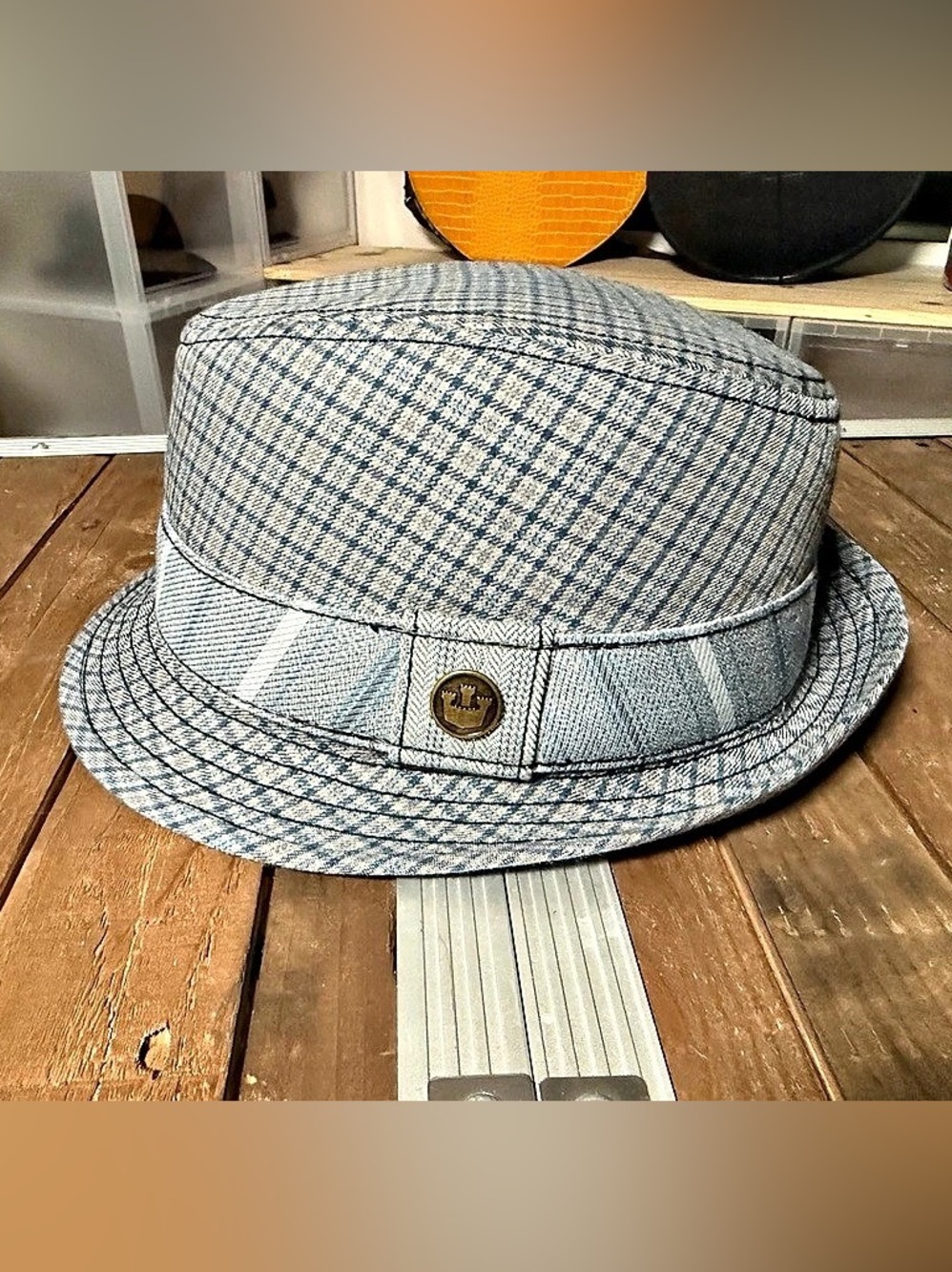 Goorin Bros. blue and cream plaid fedora, marked size Large.